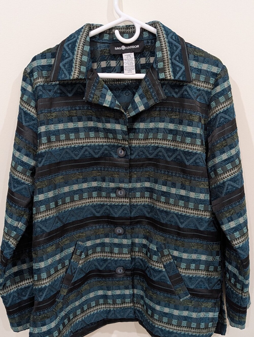 Sag Harbor Teal & Black Geometric Button Jacket